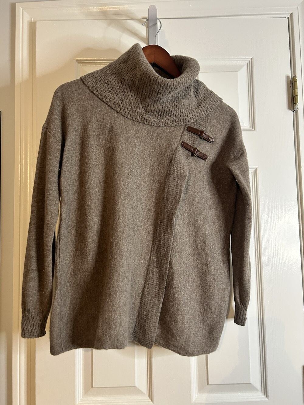 Ellen Tracy Womens S Brown Merino Wool Cowl Neck Wrap Sweater Leather Buckle